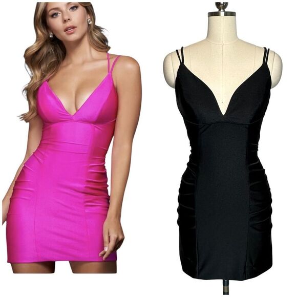 Sherri Hill Black Lace Up Ruched Mini Cocktail Dress | 4 - Picture 1 of 8